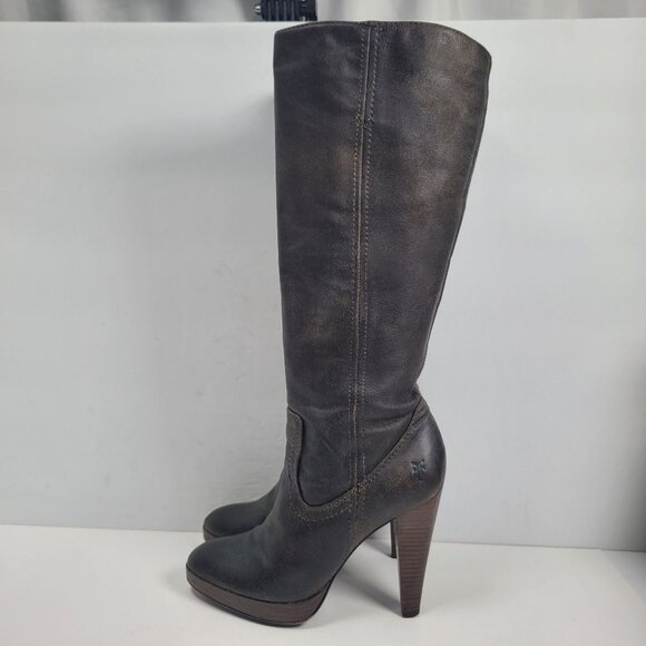 Frye Harlow Campus Women's Charcoal/Black High Heel Tall Boots 77343 US Size 6M - Picture 2 of 13